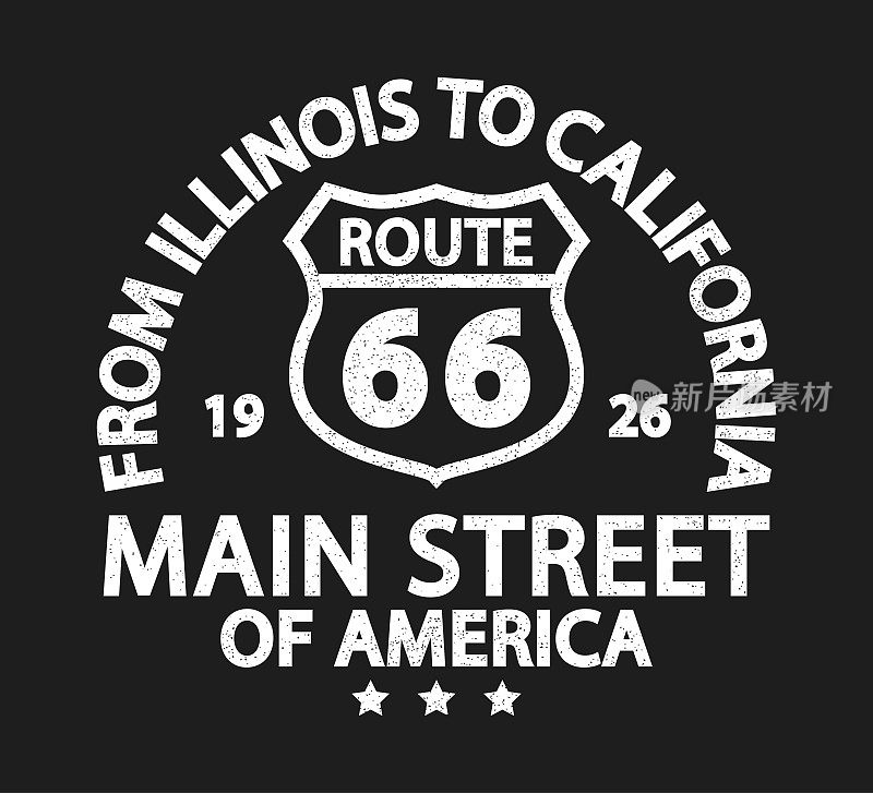 Route 66 vintage retro print for t-shirt. Typography graphics with road sign from Illinois to California. Apparel design with grunge. Vector